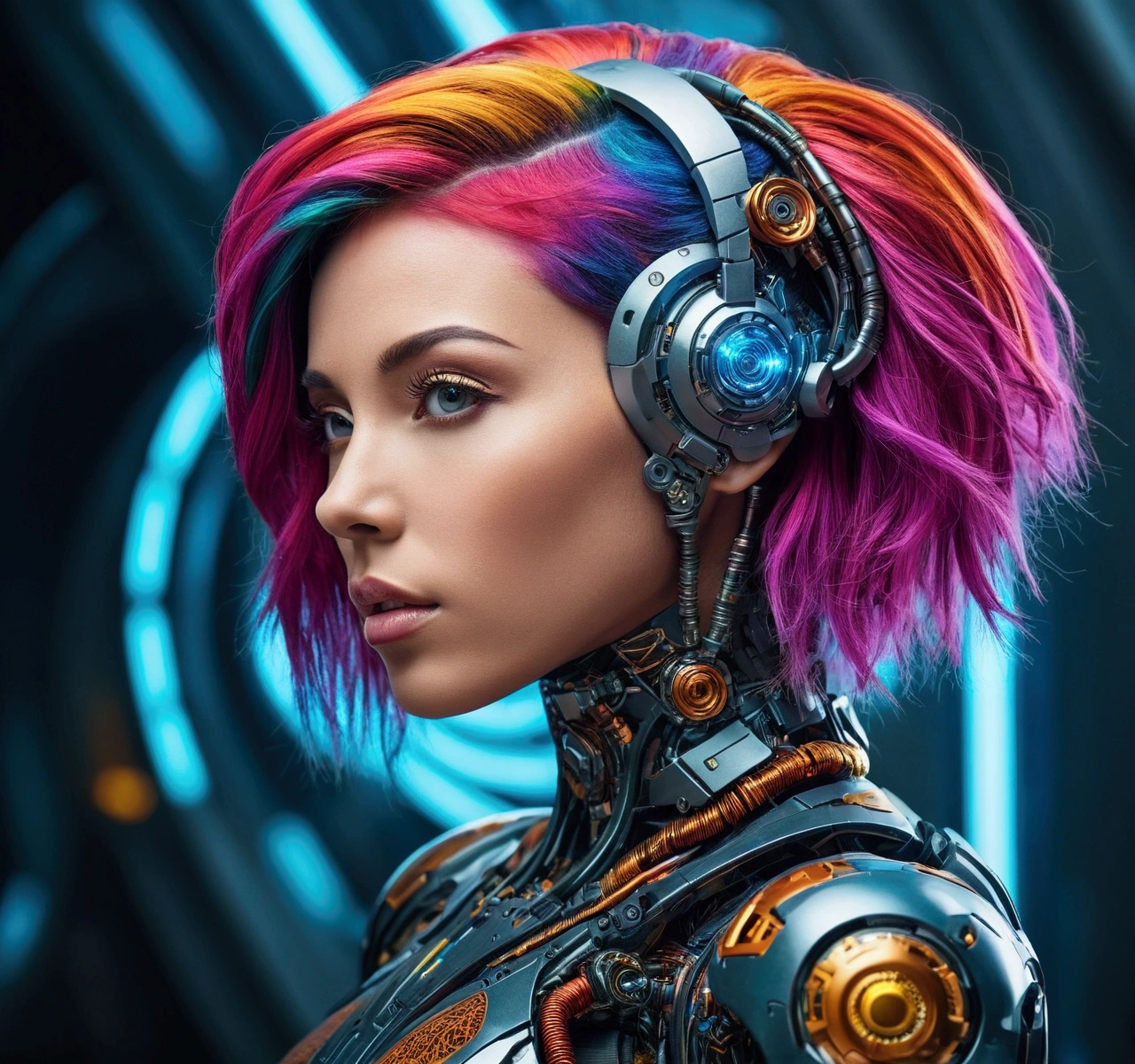 "A stunning, beautiful woman with colorful hair, high-resolution photo capturing the essence of a futuristic cyborg with intricate details and dynamic angles."