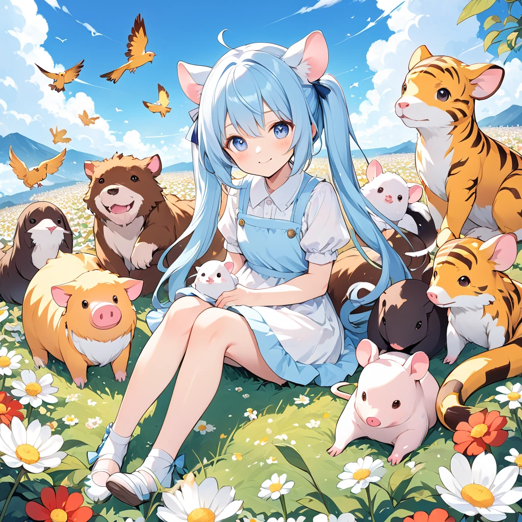 Anime girl sitting surrounded by animals in a flower field under a blue sky, Light blue long hair、Twin tails 、Bright smile、Tiger dragon mouse or rat ox Rabbit snake sheep dog pig monkey bird horse Anime fantasy illustration,