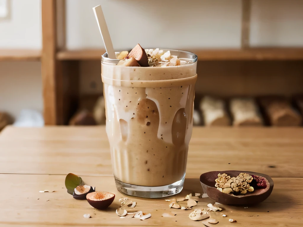 Create a photo of a fig smoothie ,Almonds, oat milk that the decoration is the ingredients and is in a shop glass