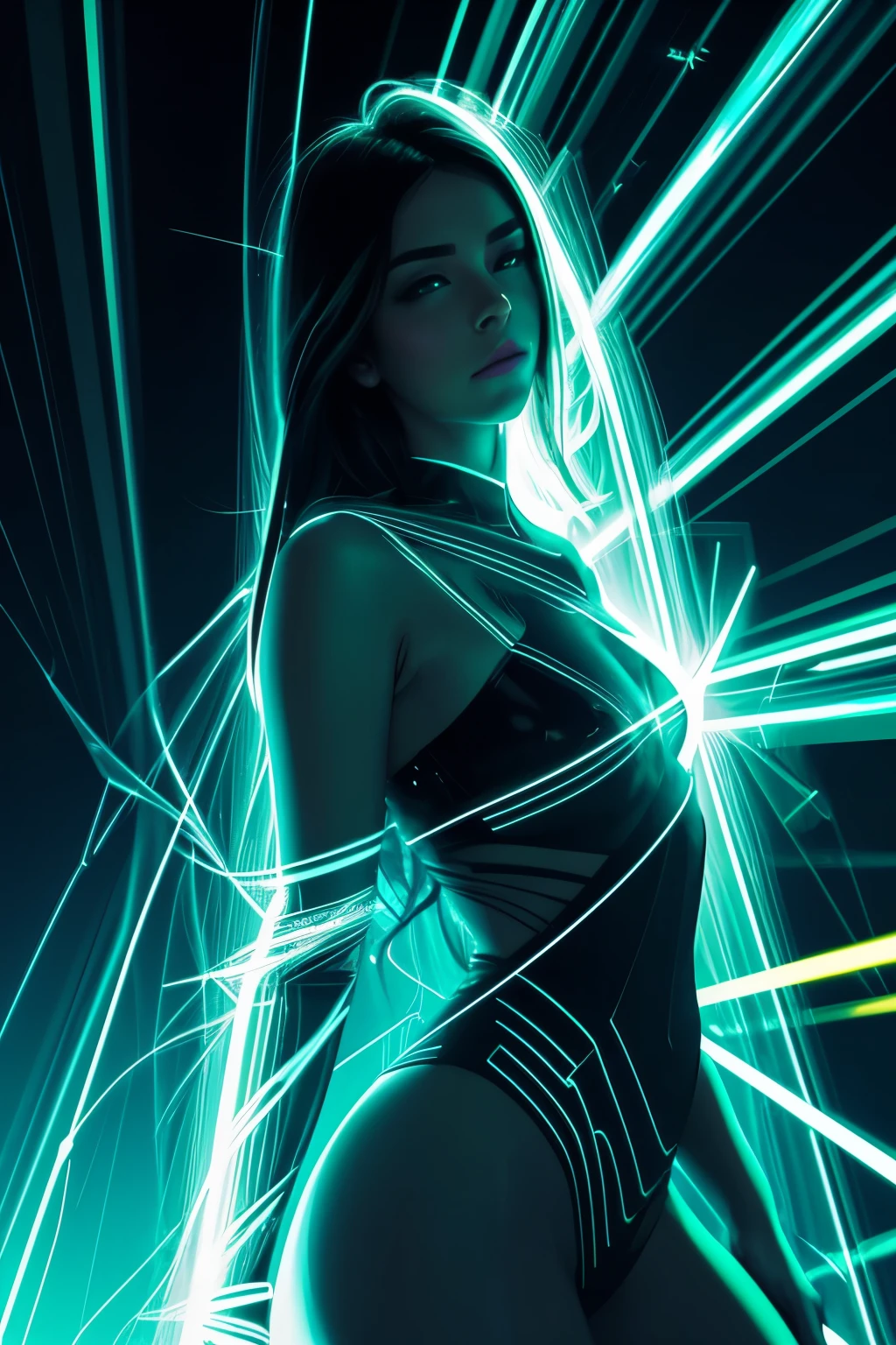 **Beautiful beautiful woman at night with lines, in distorted and fractured style, anamorphic lens flare, intricate networks, ricoh gr iii, neon blue and green, abstraction-creation, uhd image**