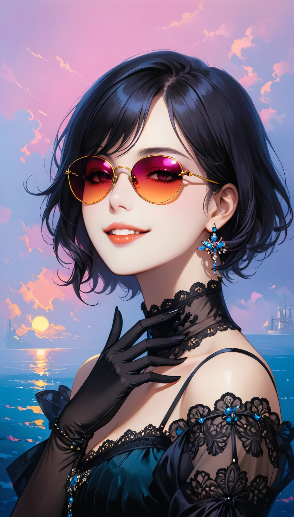 (in style of lvan Aivazovsky),1girl，short hair，Adjust your palm with your mouth，Silk gloves，完美Smile，Rimless sunglasses，Smile，portrait，Neon Gothic