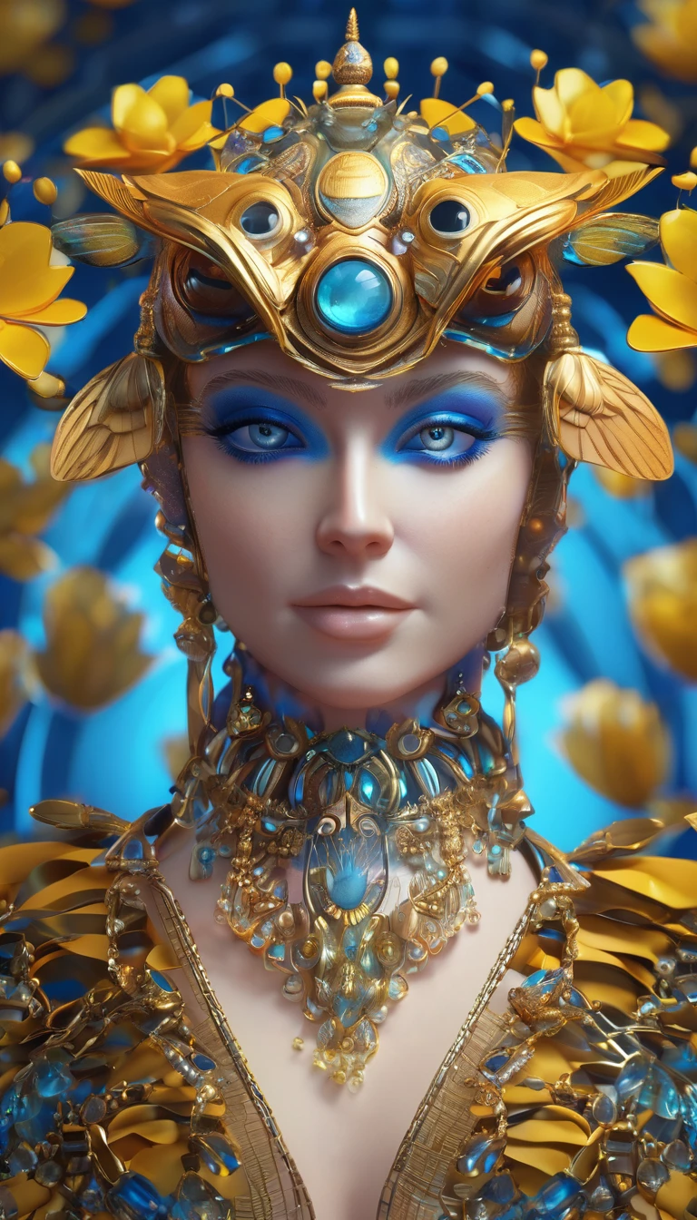 Blue eyed owl image, Unreal Engine Rendering + goddess, Very detailed , Bee Global Illumination, Exquisite and gorgeous jewelry, Popular trends on cgisociety, Motion Graphics, rossdraws Global Illumination, CG Society