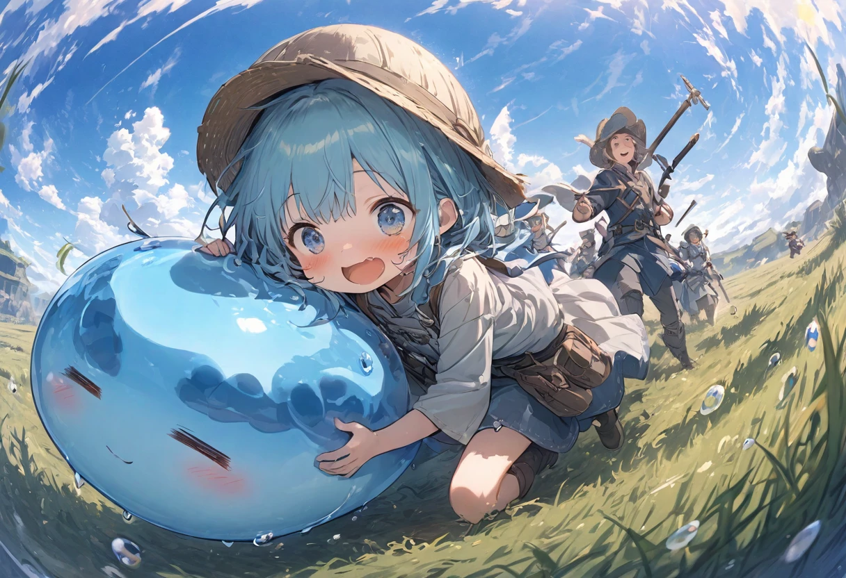 A small, blue-haired swordsman riding a blue slime, grassland、Clear blue sky、adventure、Fisheye Lens:1.2、Feel the depth、Fun Expressions