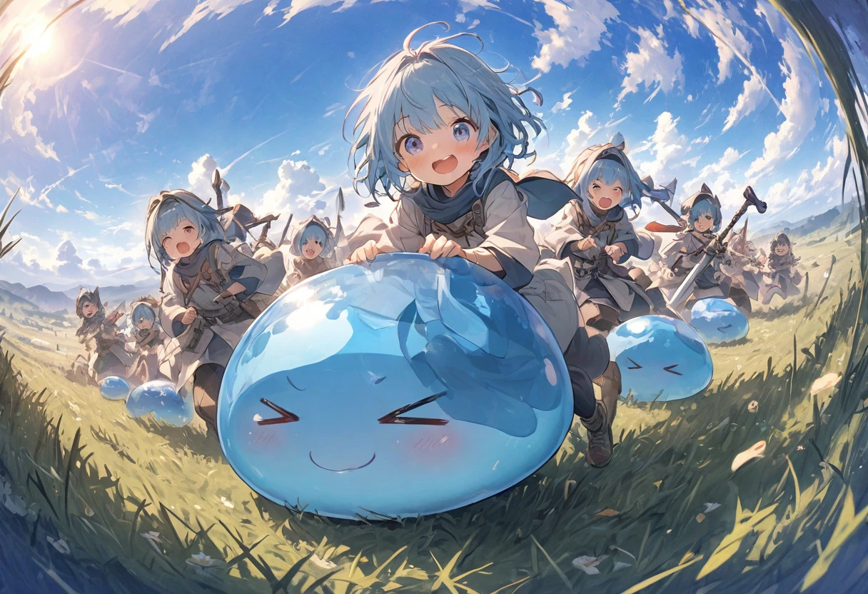 A small, blue-haired swordsman riding a blue slime, grassland、Clear blue sky、adventure、Fisheye Lens:1.2、Feel the depth、Fun Expressions
