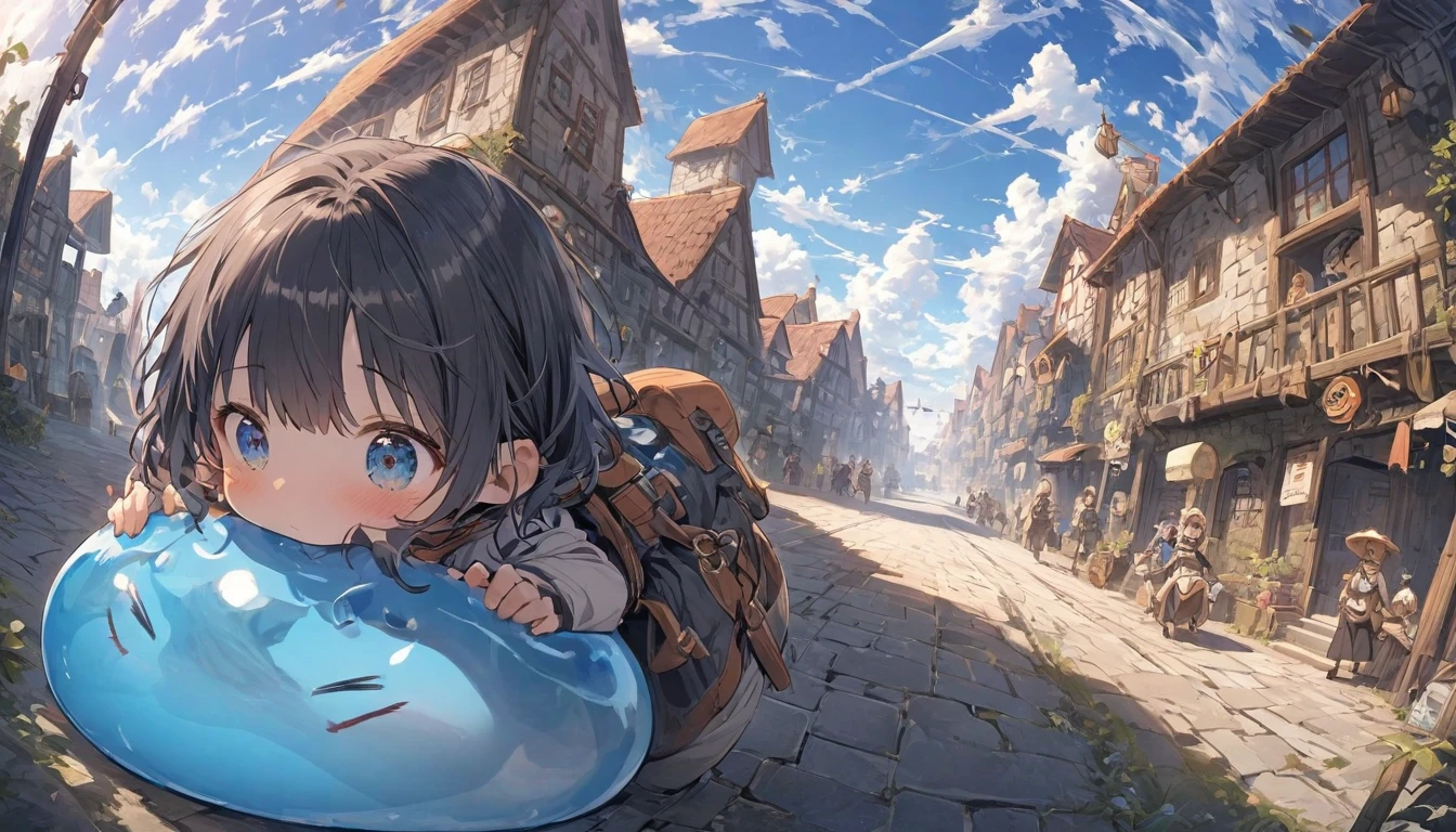 A small swordsman riding a blue slime, Dungeons、Clear blue sky、adventure、Fisheye Lens、SLR、Feel the depth、Fun Expressions、Gazing into the distance、From behind
