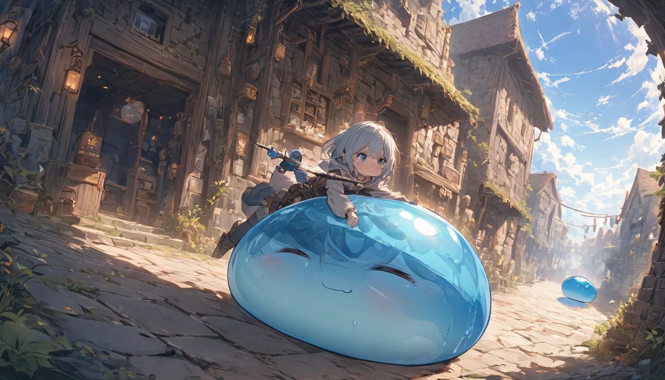 A small swordsman riding a blue slime, Dungeons、Clear blue sky、adventure、Fisheye Lens、SLR、Feel the depth、Fun Expressions、Gazing into the distance、From behind