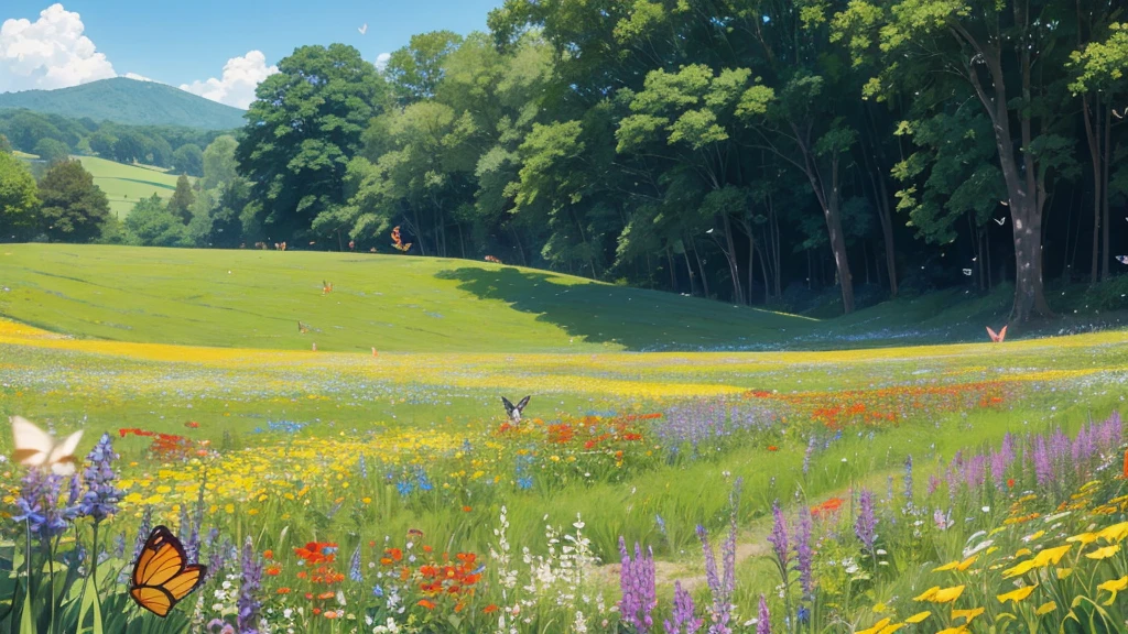 Studio ghibli, A field full of wildflowers on a sunny morning, with butterflies flying around.