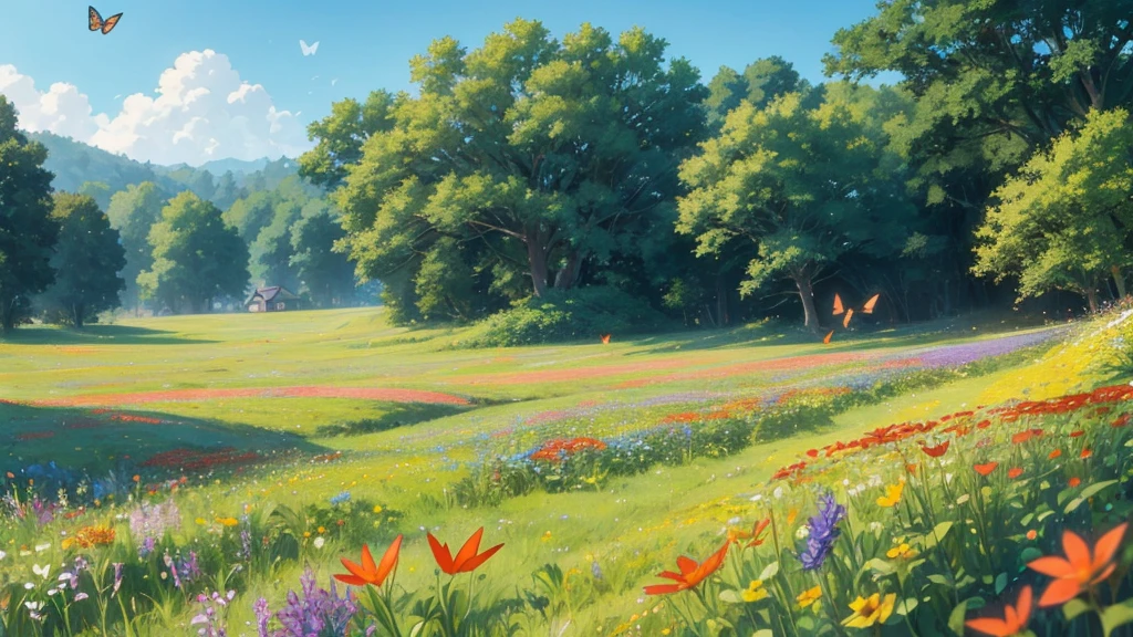 Studio ghibli, A field full of wildflowers on a sunny morning, with butterflies flying around.