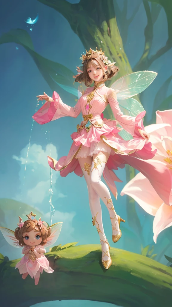 anime girl with fairy wings and a pink dress holding a pink flower, smiling as a queen of fairies, astral fairy, pixie character, fairy, faerie, queen of the fairies, fairy magnificent, full body xianxia, fairy queen, fantasy outfit, fuchsia skin, elf girl wearing an flower suit, gilded lotus princess, fairycore, portrait of a fairy brown hair