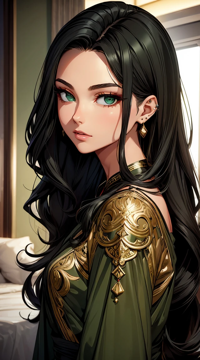 ((best quality)), ((masterpiece)), (detailed), 1girl, long black loose waves hair, piercing green eyes, glowing olive-toned skin, athletic, graceful, soft silk robe, intricate small tattoo on the nape of the neck, natural makeup, small scar on the wrist, luxurious jewelry, bold eyeliner, inside an airplane
