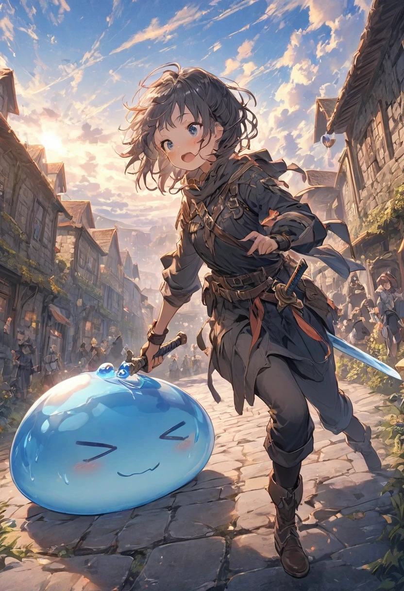 A small swordsman riding a blue slime, Dungeons、Clear blue sky、adventure、Fisheye Lens、SLR、Feel the depth、Fun Expressions、Gazing into the distance