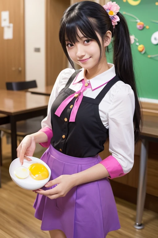 masterpiece, One girl, Medium chest, alone, araragi karen, hair ornaments, egg hair ornaments, Side Ponytail, Black Hair, food-themed hair ornaments, fried egg, View your viewers, egg (food), Long Hair, (Iris:1.1), Purple Skirt, No sleeve, Pink Shirt, homework, Book, Holding a pencil, Grin