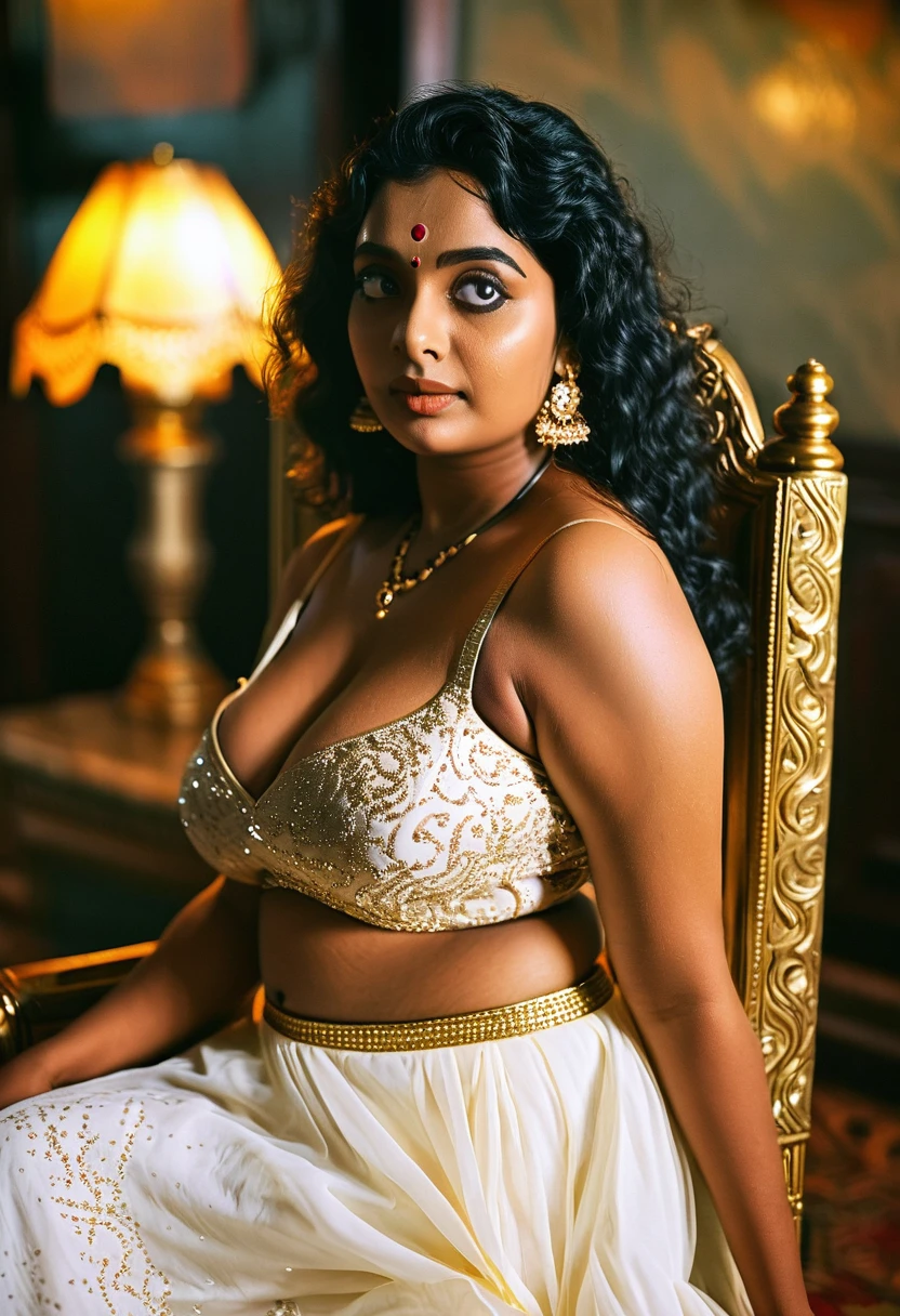 (((photo of a ancient kerala hindu devi))), (((black royal lady))) ,(((eyes))) ((((legs wide open)))), ((((sat on golden haven chair))), (((Half Body))), (((very dark skin))), (((age 35+))), (((((very dark nipple and areola))))), (((plus size chubby tall))), (((huge busty milky wet big massive boobs))), (((nude thick thigh))), (((ancient black mini skirt))), ((black skin dark body)), (((white mini skirt))), (((depth of field))), ((( spooky))),(((divine))), photorealistic,photo, realism, Getty Images, RAW candid cinema, 16mm, colour graded portra 400 film, remarkable colour, ultra realistic, textured skin, remarkable detailed pupils, realistic dull skin noise, visible skin detail, skin fuzz, dry skin, shot with cinematic,light leaks, RAW Image, DOF, depth of field,bokeh,