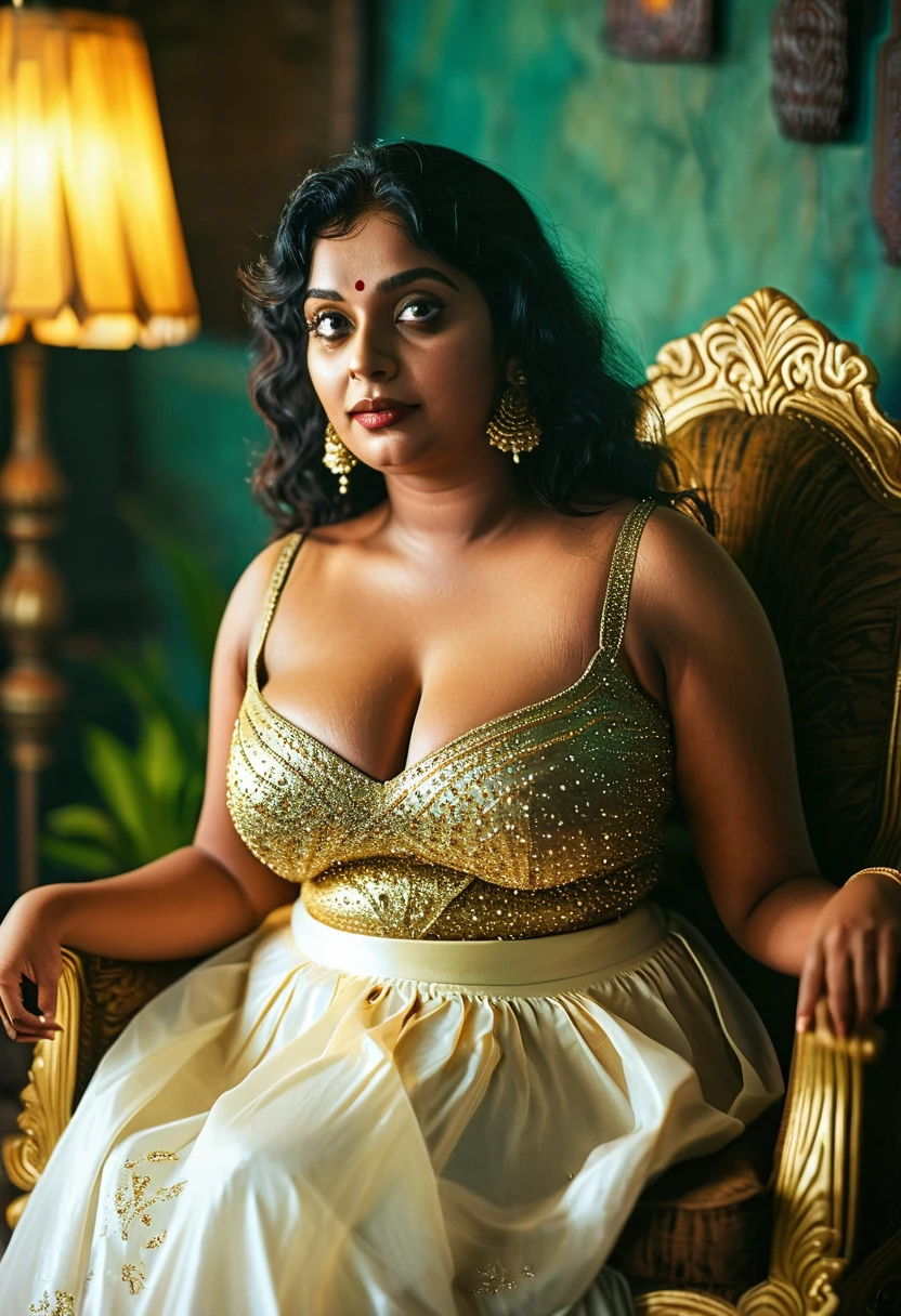 (((photo of a ancient kerala hindu devi))), (((black royal lady))) ,(((eyes))) ((((legs wide open)))), ((((sat on golden haven chair))), (((Half Body))), (((very dark skin))), (((age 35+))), (((((very dark nipple and areola))))), (((plus size chubby tall))), (((huge busty milky wet big massive boobs))), (((nude thick thigh))), (((ancient black mini skirt))), ((black skin dark body)), (((white mini skirt))), (((depth of field))), ((( spooky))),(((divine))), photorealistic,photo, realism, Getty Images, RAW candid cinema, 16mm, colour graded portra 400 film, remarkable colour, ultra realistic, textured skin, remarkable detailed pupils, realistic dull skin noise, visible skin detail, skin fuzz, dry skin, shot with cinematic,light leaks, RAW Image, DOF, depth of field,bokeh,