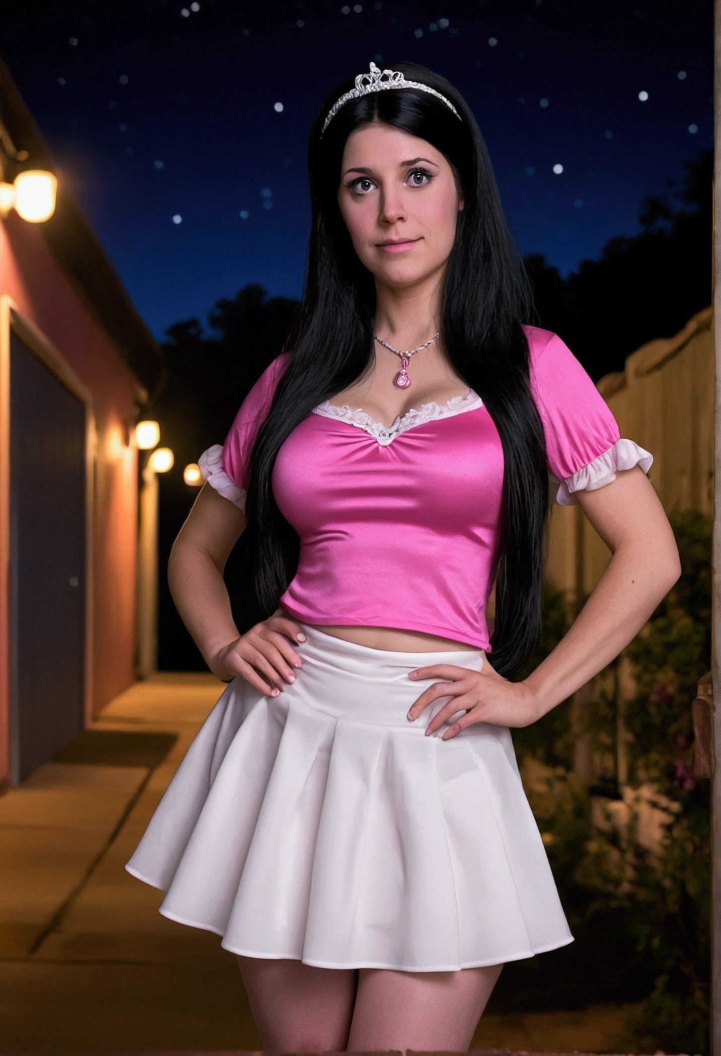 Realistic night image of Trixie by Timmy turner, much too small white skirt, pink top, long black hair, pinker Her reif, and large visible tits