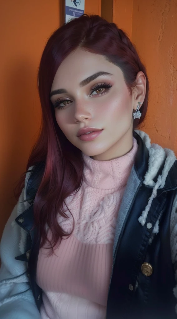 cropped woman with red hair and a pink sweater posing for a photo, powder Nándor Katona, profile image, photo realist, frontal image, Estefânia Villegas Burgos, 8k)), fernanda suarez, by Amélia Peláez, lorena avarez, adriana dxim, very low quality image, with dollar background