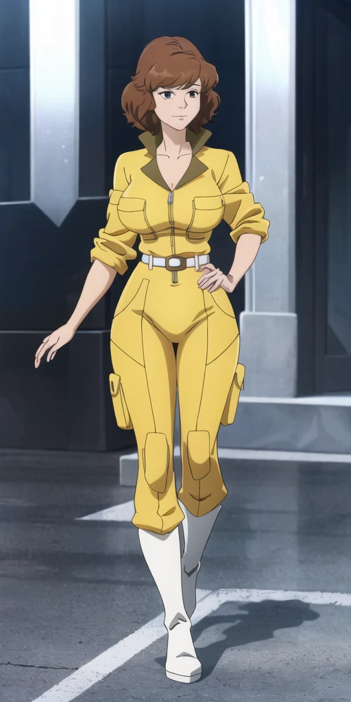 masterpiece, high quality, best quality, 1girl, solo, (muscular female:1.0), (super gigantic breasts:1.0), (closed mouth, half smile), april o'neil, ((long straight brown hair)), black eyes, yellow jumpsuit, black compression shirt, sleeves rolled up, watch, white belt, white boots, anime screencap, anime key visual, (fully clothed:1.0), full body 