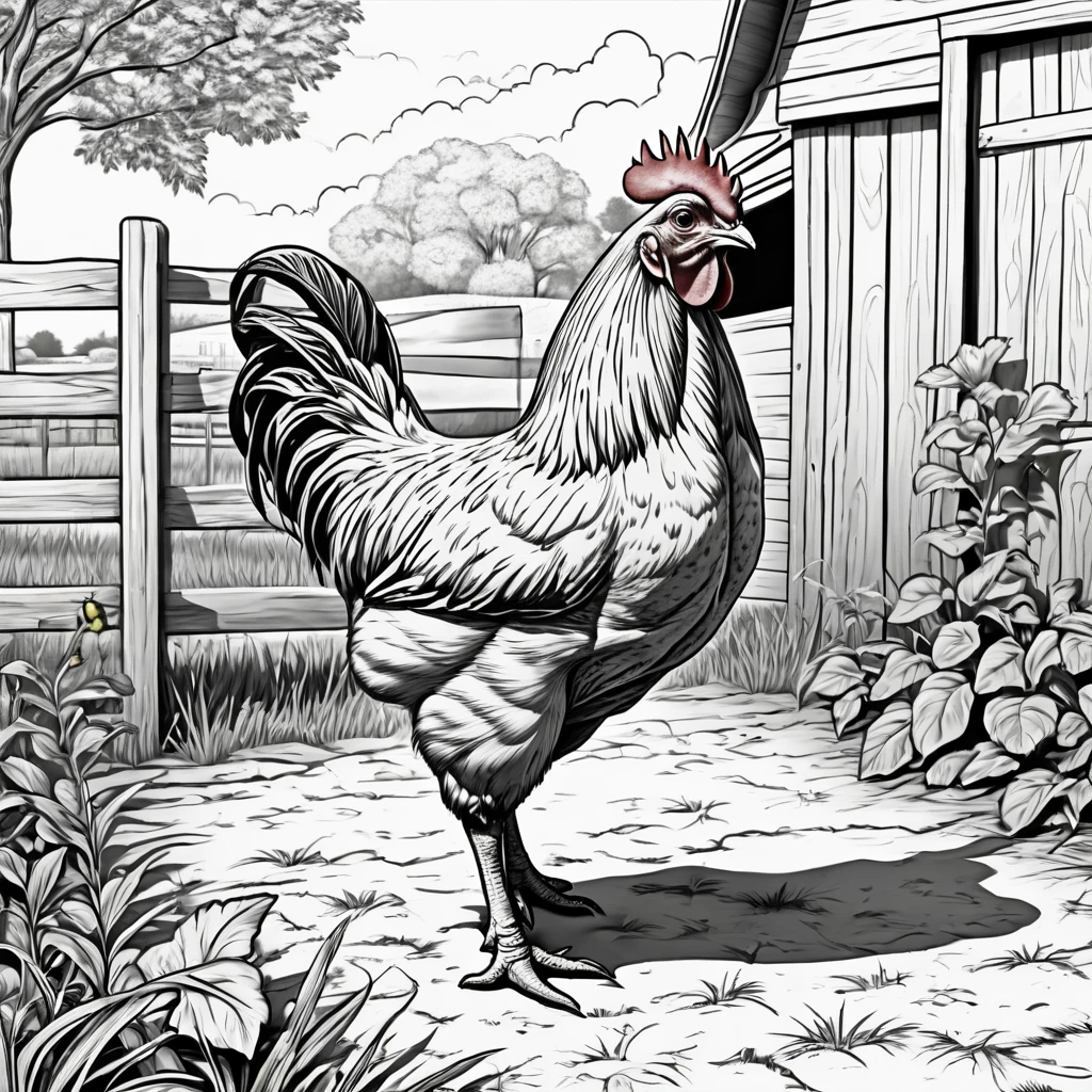 Coloring Book Page of a chicken in a farm yard,4k realistic,no shading thick lines black and white background,no coloring 