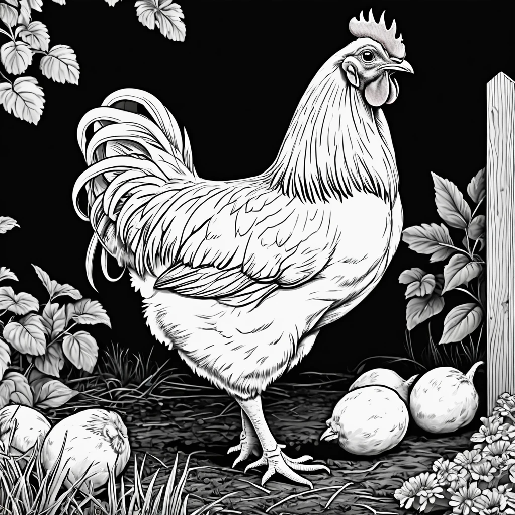 Coloring Book Page of a chicken in a farm yard,4k realistic,no shading thick lines black and white background,no coloring 