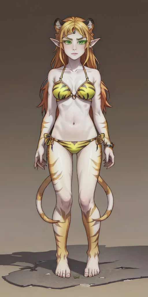 tsundere elf full body toe to head, long hair, blonde hair (green eyes:1.1) pointy ears, elf, multicolored hair, forehead jewel, yellow tiger bikini, standing symmetrical, plain background