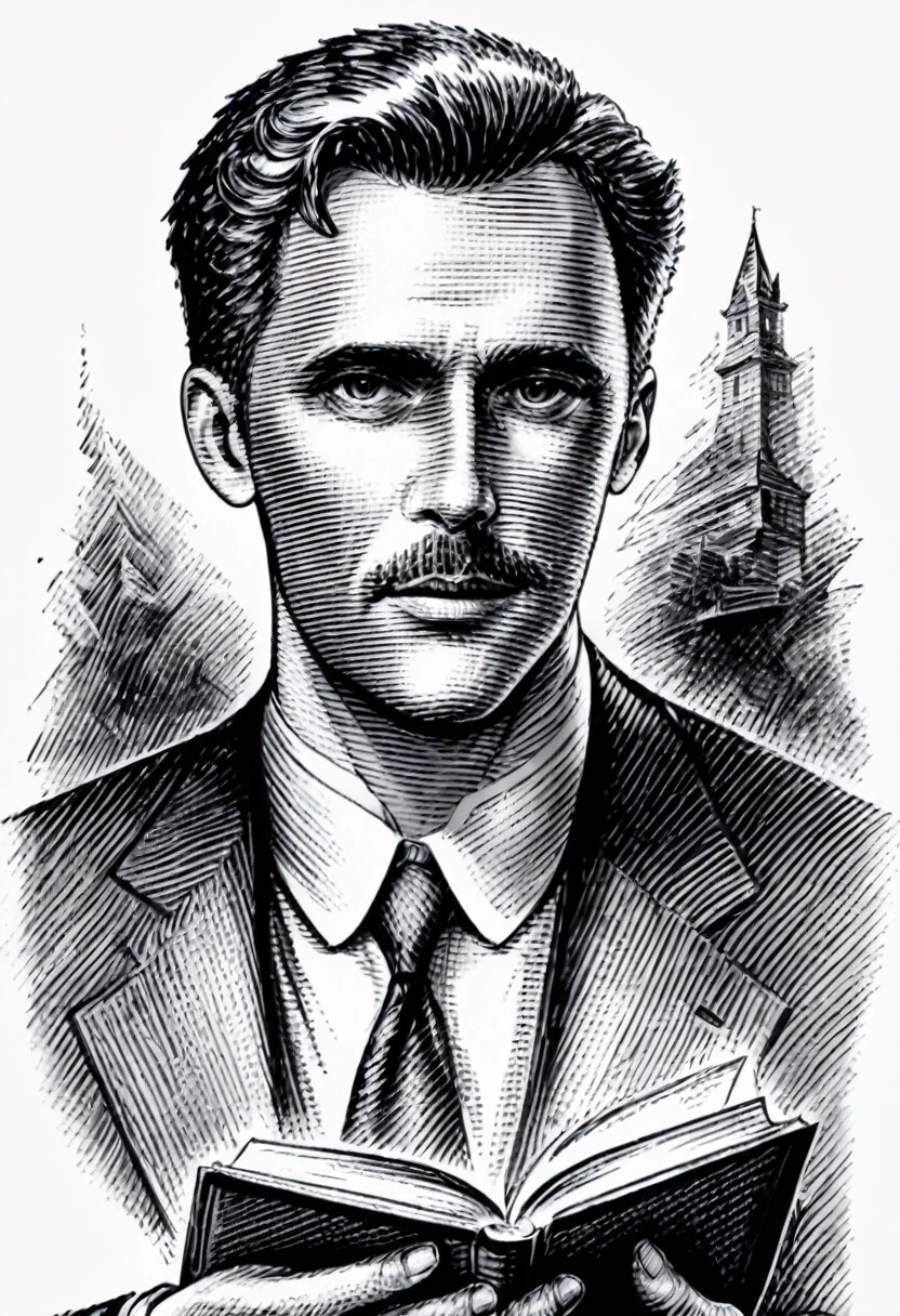 Sketch of Detective Inspector, featuring a man, captivating gaze, clutching a book, only upper body visible, subtle shading to suggest a chiseled jawline, heroic stature,mismatched pages, charcoal, noir style, story-packed eyes, under sharp overcast lighting,  sketchbook aesthetic, grayscale, soft texture, expressive line work, monochrome with hues of gray, pen-drawn detail,sk3tch,v0ng44g