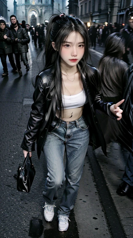 (nsfw), 8k, Extremely meticulous CG,(wallpaper), Extremely refined and beautiful, Masterpiece, best qualtiy, Ultra High Resolution, beautiful light up,Perfect lightning,realistic shaded, A high resolution,(Smooth and flawless fair skin:1.5),(pale skin:1.3),Extremely exquisite facial details,(perfect body:1.1),ultra-detailed,A beautiful girl,solo,small head,(short ponytail:1.1), Exquisite makeup, (perfect breasts:1), (black winter coat:1.3), (slender legs:1.2), (jean pants:1.2),(sneakers:1.1),(day scene:1.5),outdoor,(On the street:1.3),(In front of a huge church:1.3),(detailed background:1.5), (running:1.5), ((full body)), (from front:1.3),(Surrounded by crowded crowds:1.5), ((no shirt)), ((no bra)), ((no bikini)), ((big breasts)), (((tattoo between breasts))), (two hands), (perfect fingers), (perfect smile), (hair fly in the air)