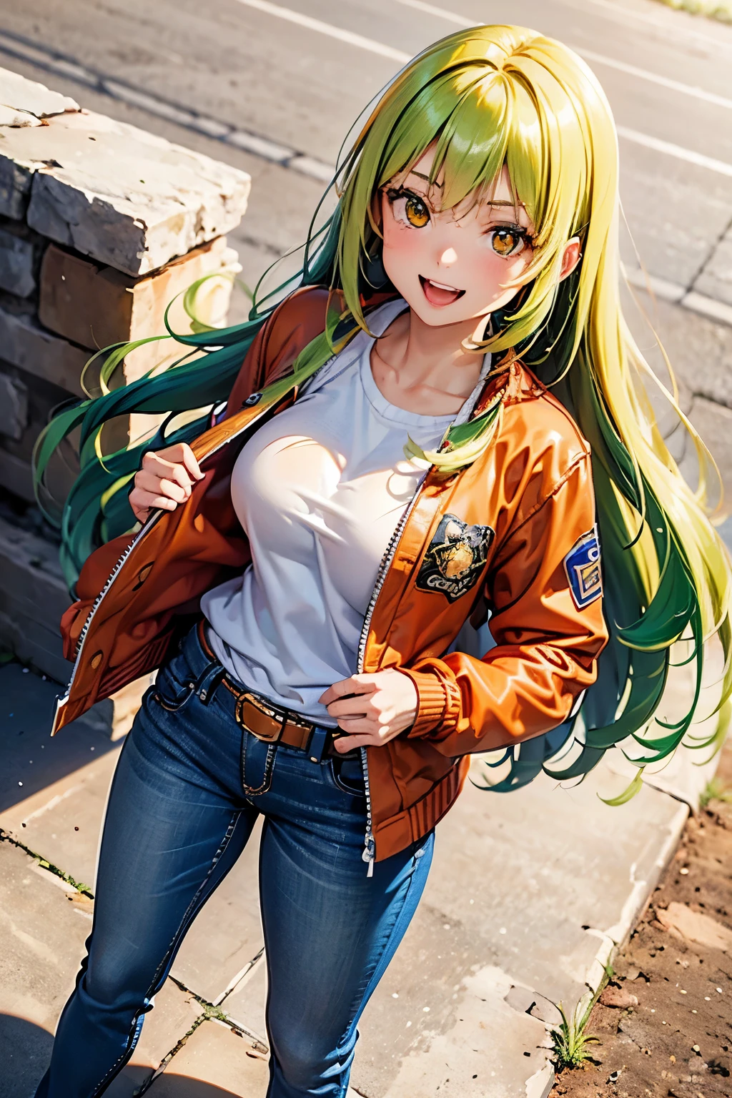 best quality, (masterpiece:1.3), absurdres, highres,16k, ultra high res, official art, illustration,extremely detailed, 1girl, solo, full body, 20yo, 
delicate lines tailed face, (long hair1.1), (straight hair1.7), (beautiful green hair:1.2), (shiny hair:1.2), (beautiful (orange) eyes:1.2), (shiny eyes:1.2), (medium ), (gleaming skin:1.4),
(cowboy shot:1.5), from above, simple background,
standing, laugh with open mouth,
(dark-brown letterman jacket with white shirt), jeans, long pants, red belt,
