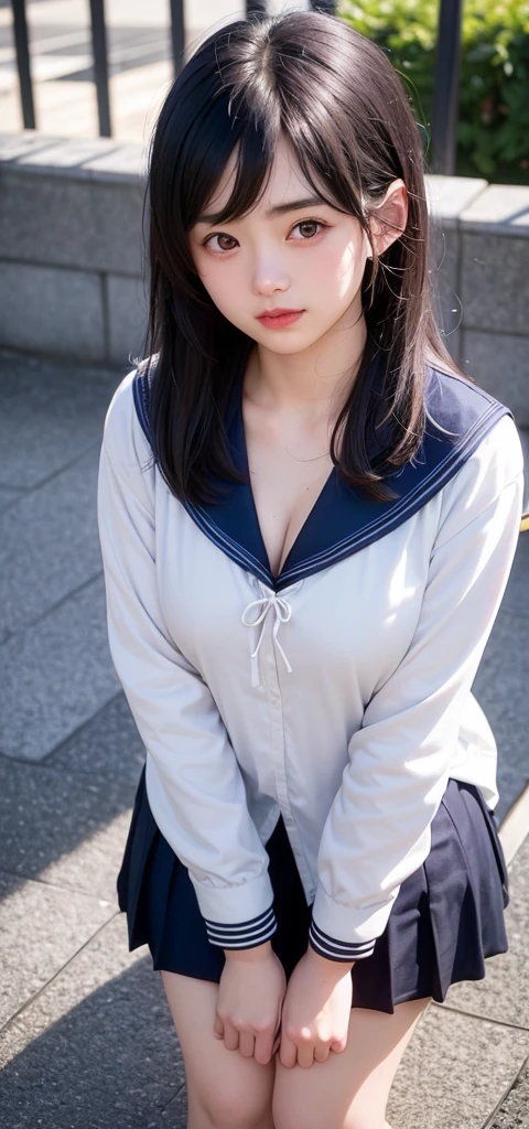 (1 nogizaka girl,15years old face,raw photo,photo realistic:1.5),(best quality, high quality,HDR, highest quality,ultra high resolution,high resolution,high res,ultra high difinition,huge file size,8K,2K wallpaper,8K wallpaper,high quality texture,amazing,an extremely delicate:1.4),one girl, Japanese famous idol,cute face,small face,absurd,ridiculous,incredibly ridiculous,blurry background,(school uniform,sailor suit,shoot from above,short hair,cleavage,no makeup:1.2),medium skin,beautiful skin,detailed skin,black hair,silky hair,black eyes,Japanese nose,5-fingers,(Light Particles, Lens Flare, Luminous Particles: 0.7),looking at viewer,small hands,bright lighting,professional lighting,girl