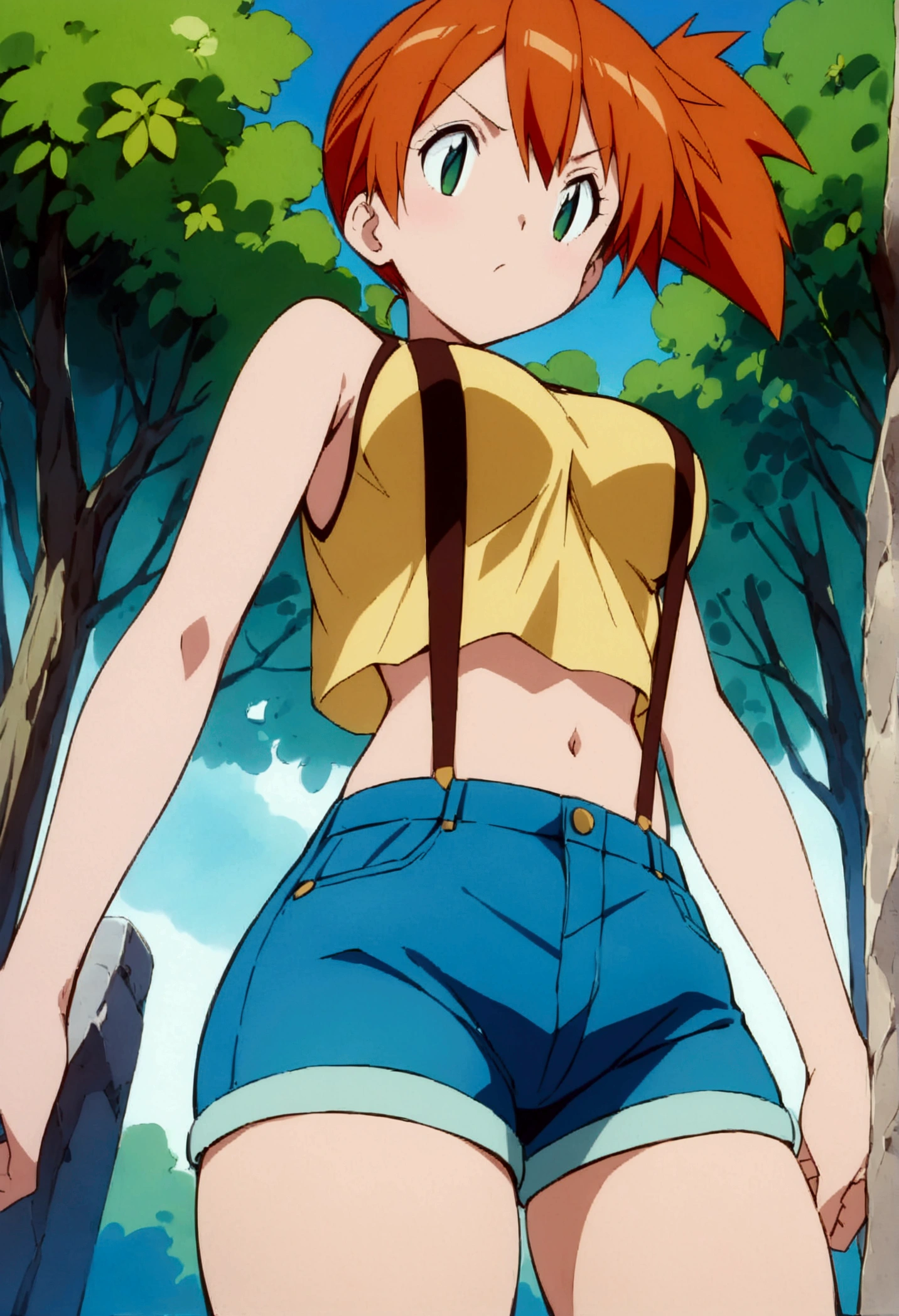 (score_9, score_8_up, score_7_up), (best quality, masterpiece),perfect anatomy,aesthetic,very aesthetic,official style, ultra-high resolution,source_anime.from below,below view,face focus ,,standing ,  (mature) ,1girl, Outdoor, Green Eyes, Orange Hair, , Yellow Shirt, Sleeveless shirt,stomach, Denim shorts, suspenders,   (slender), ,(Composition),standing pose
