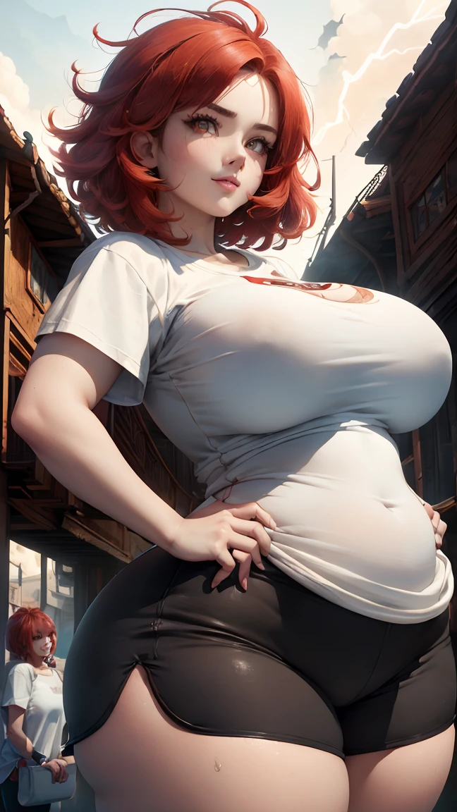 1female, 23 years old, she has short flowing light RED hair, hair straight, (short hair: 1.5), (red hair: 1.5), (messy hair), red eyebrows, (brown eyes: 1.5), (asian eyes), sharp eyes, beautiful detailed eyes, (large breasts: 1.50), (huge breasts: 1.50), (giant and massive tits: 1.50), (thick thighs: 1.5), (wide hips: 1.50), (slim waist: 1.0), big chest, curvy girl, well shaped body, curvaceous girl, voluptuous, (hourglass body shape), (white skin: 1.50), (((wearing sport clothing, black shorts and white baggy t-shirt))), high resolution clothes, (living room, home, warm lightning background), (detailed background), 8k quality, wallpaper, high quality, Cinematic lightning, gentle face, expressive face, happy, (seductive stare), grinning, playful attitude, (girl smiling), (detailed face), the face is well lit, (detailed eyes), beautiful eyes, centered,scale to fit dimensions,Rule of thirds), highres,sharp focus, (ultra detailed,extremely detailed),(photorealistic artwork:1.37),(extremely detailed CG unity 8k wallpaper), (((vibrant colors,vibrant theme))), (masterpiece), best quality, (sharp details), (dynamic pose: 1.35), from the front side, standing on your feet, looking at public, (intricate face details), the face is well lit, gorgeous face, (sharp detailed hair), highlighting her curves, perfect body shape, (alluring girl: 1.5)