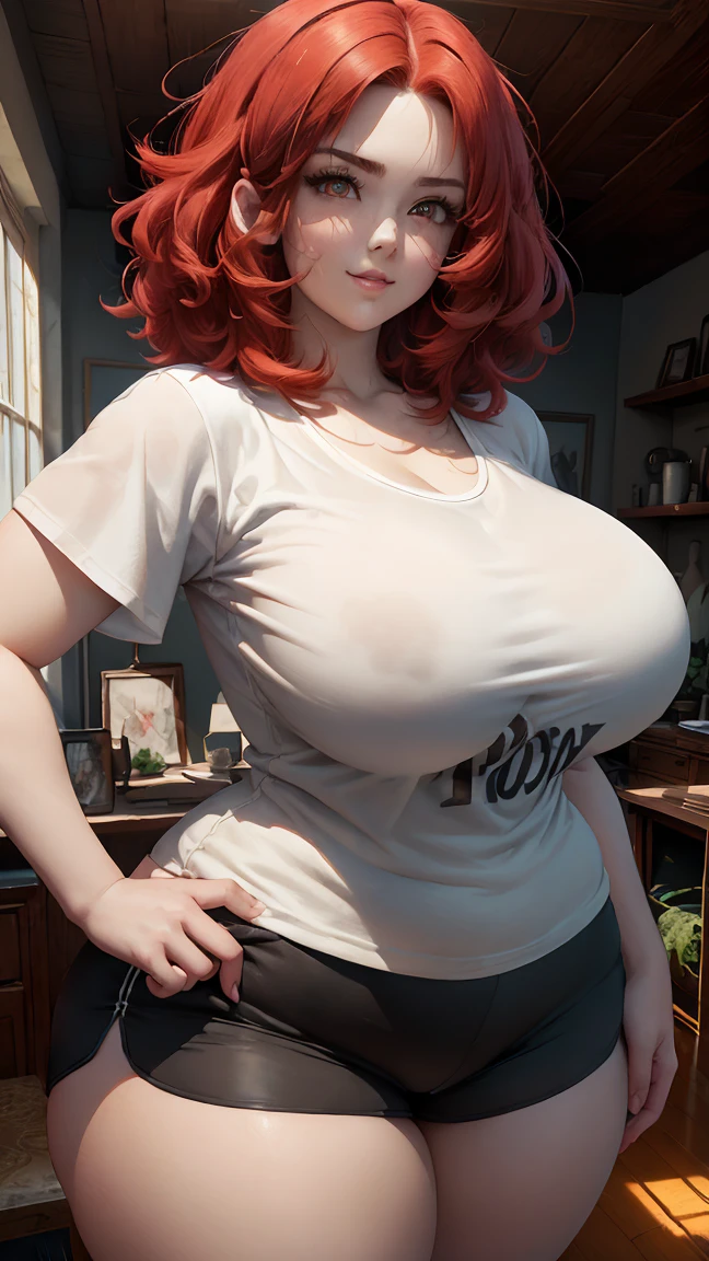 1female, 23 years old, she has short flowing light RED hair, hair straight, (short hair: 1.5), (red hair: 1.5), (messy hair), red eyebrows, (brown eyes: 1.5), (asian eyes), sharp eyes, beautiful detailed eyes, (large breasts: 1.50), (huge breasts: 1.50), (giant and massive tits: 1.50), (thick thighs: 1.5), (wide hips: 1.50), (slim waist: 1.0), big chest, curvy girl, well shaped body, curvaceous girl, voluptuous, (hourglass body shape), (white skin: 1.50), (((wearing sport clothing, black shorts and white baggy t-shirt))), high resolution clothes, (living room, home, warm lightning background), (detailed background), 8k quality, wallpaper, high quality, Cinematic lightning, gentle face, expressive face, happy, (seductive stare), grinning, playful attitude, (girl smiling), (detailed face), the face is well lit, (detailed eyes), beautiful eyes, centered,scale to fit dimensions,Rule of thirds), highres,sharp focus, (ultra detailed,extremely detailed),(photorealistic artwork:1.37),(extremely detailed CG unity 8k wallpaper), (((vibrant colors,vibrant theme))), (masterpiece), best quality, (sharp details), (dynamic pose: 1.35), from the front side, standing on your feet, looking at public, (intricate face details), the face is well lit, gorgeous face, (sharp detailed hair), highlighting her curves, perfect body shape, (alluring girl: 1.5)