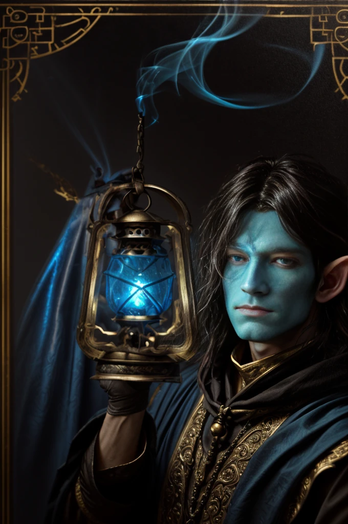 selfie, 1 elf, pointy eays, rpg fantasy, fantasy race. in darkness, holding a lantern in front face (focus on lantern), magic item, large lantern suspended by chain. blue fire lantern, lantern font of light. the lantern shiny bright and conjuring falling smoke, blue fire. priest, hood, light reflect in face and eyes, serious expression. perfect hands [[in 2 hands, 5_fingers, five_finger, 5f, 5_fingered]]. original character, authentic. looking to viewer, focus on talisman and face.  centered, solo character, front view. semi realistic painting style, illustration. blank background, empty.3D, baroque style,oil paint,Rococo style, 3d