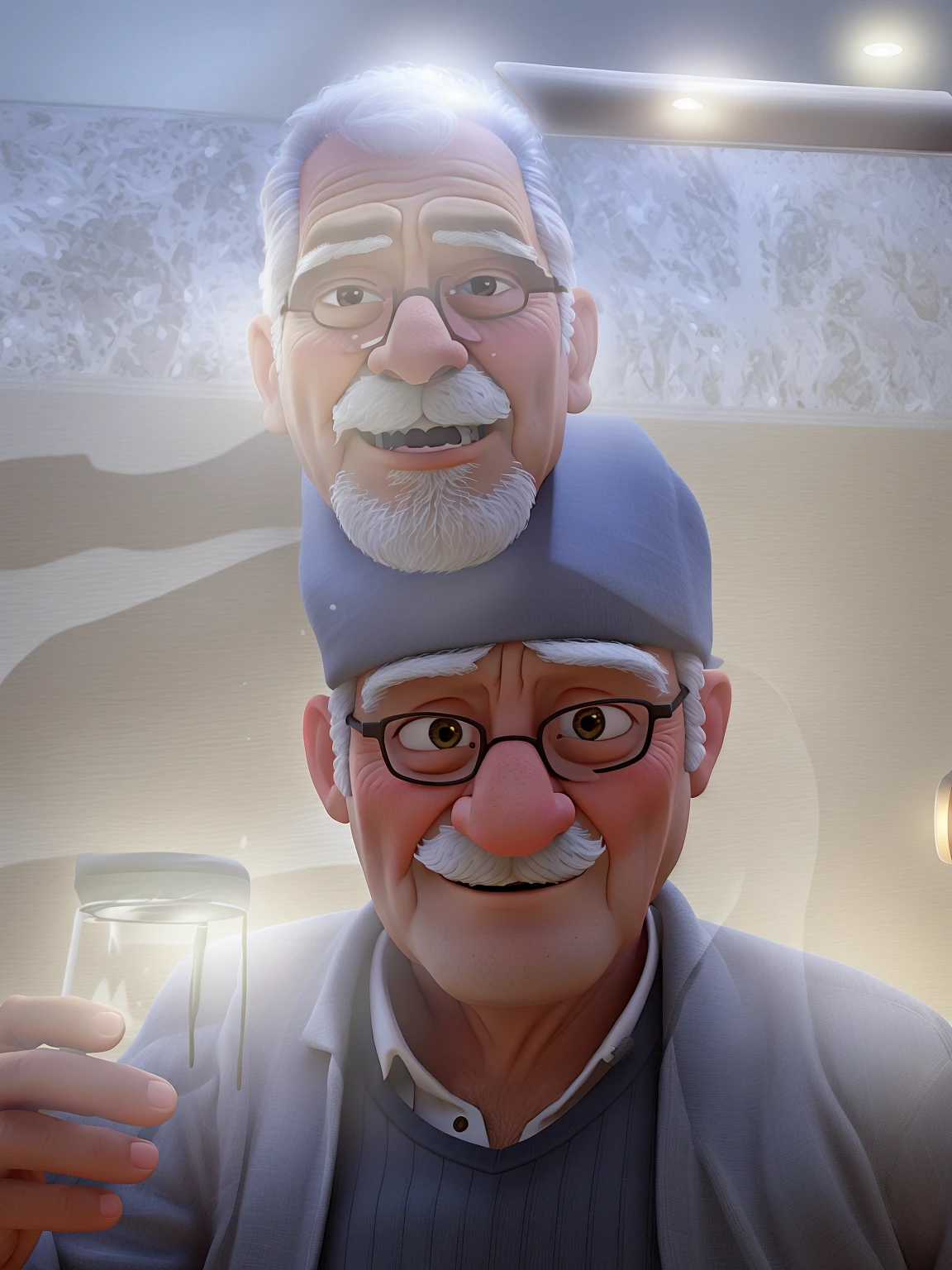 A wise old man standing in front, illuminated by the light of a lamp, against the backdrop of a library
