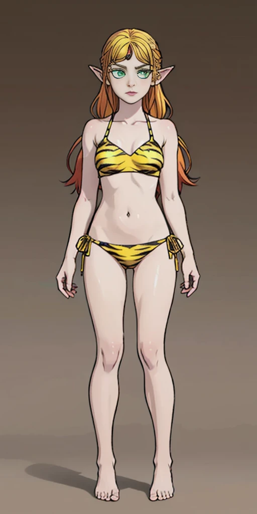 tsundere elf full body toe to head, long hair, blonde hair (green eyes:1.1) pointy ears, elf, multicolored hair, forehead jewel, yellow tiger bikini, standing symmetrical, plain background