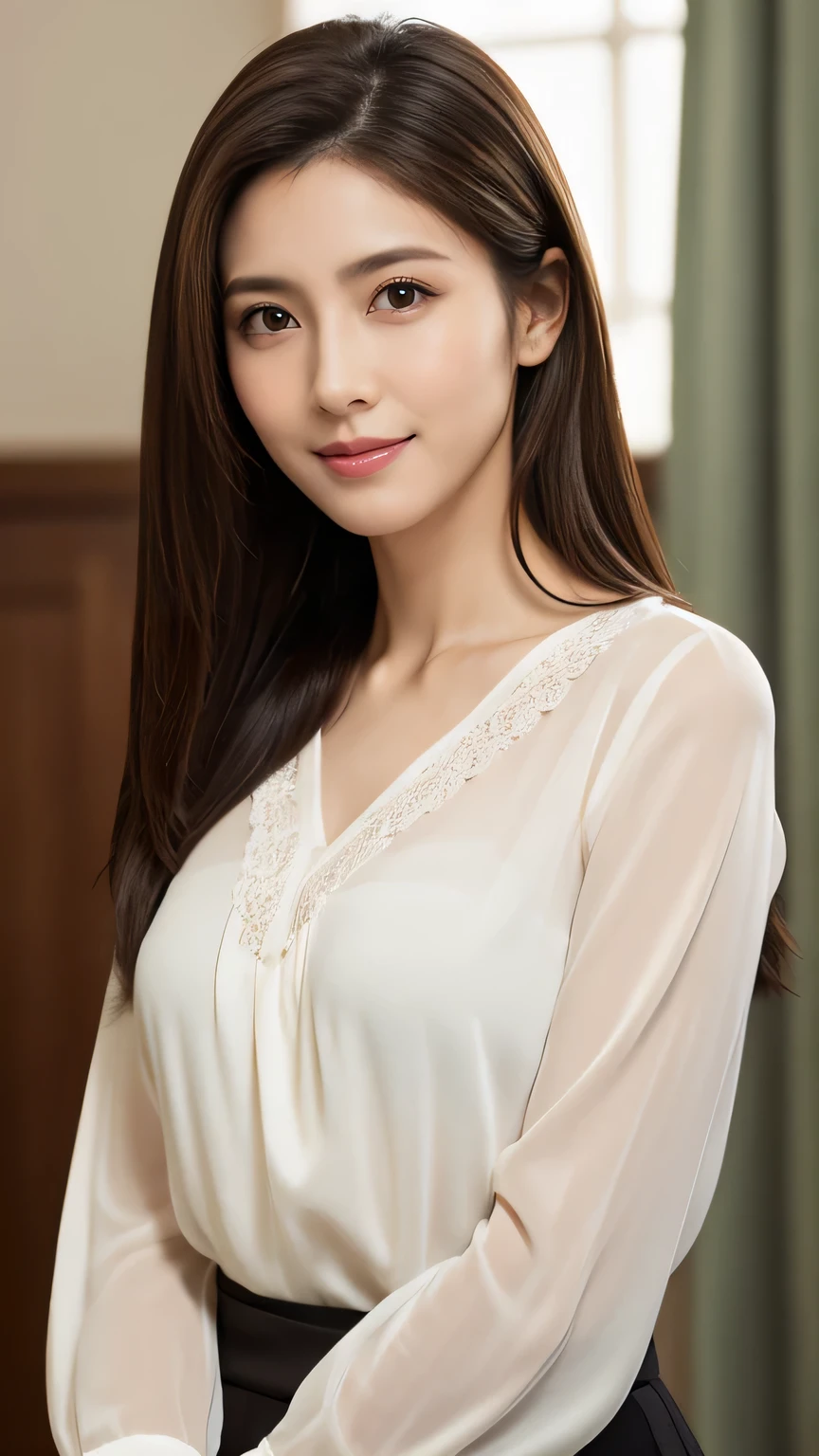 (RAW Photos), (Photorealistic), (masterpiece), (Highest quality), High resolution, 8k, (Intricate details), (Volumetric light), Portraiture, woman, 45 years old, Medium Hair, Straight hair, Medium chest, Layered Hair, Brown Hair, Very beautiful eyes, Source Sequence, Very thin eyebrows, Very fine skin, Very beautiful mouth, Very nice nose, Cute like an idol, Smile, (Thick lips), (Looking at the audience), (Elegant blouse), West Shot,
