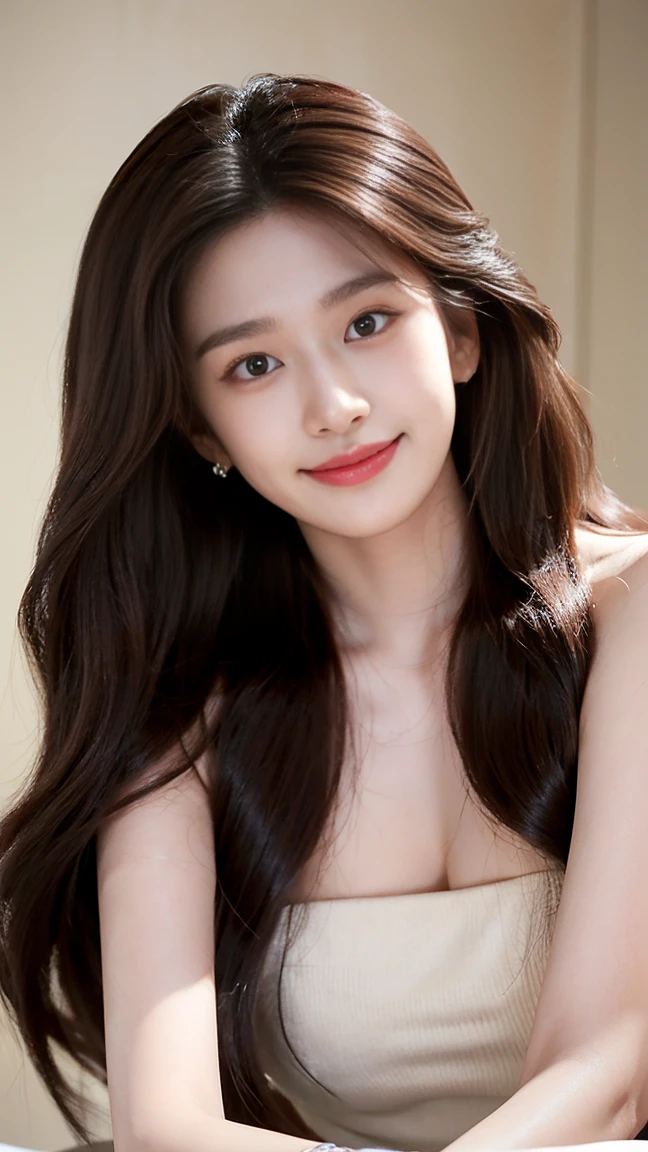 best quality,8K, Detailed facial depiction, Detailed eye description, Expression, open mouth, Cute face, Brown hair(Long wavy hair),Beautiful Korean girl, 21 years old, high class boutique, Topless, slim, Medium bust, Posing for photos, Smiling Face, Colored earrings,