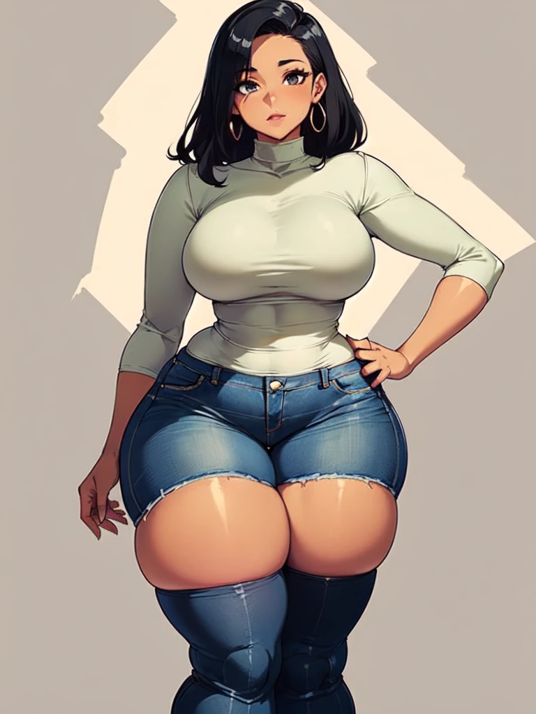 (Curvy:1.8), latina, (one person), (straight black hair), (wearing skin tight jeans:1.4), (thigh high boots:1.4), (tan skin:1.4, (wide hips), (thick thighs:1.6)