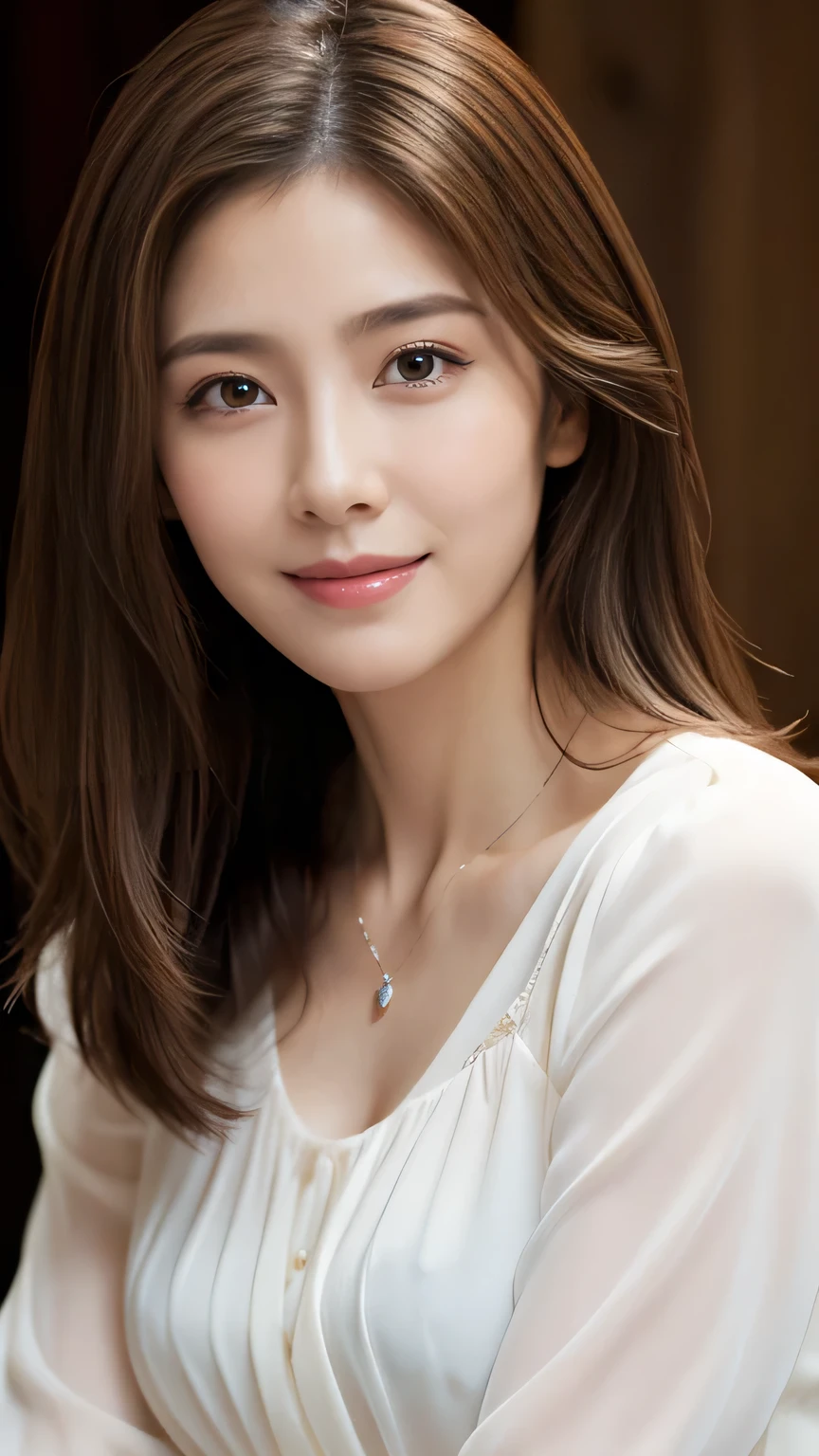 (RAW Photos), (Photorealistic), (masterpiece), (Highest quality), High resolution, 8k, (Intricate details), (Volumetric light), Portraiture, woman, 45 years old, Medium Hair, Straight hair, Medium chest, Layered Hair, Brown Hair, Very beautiful eyes, Source Sequence, Very thin eyebrows, Very fine skin, Very beautiful mouth, Very nice nose, Cute like an idol, Smile, (Thick lips), (Looking at the audience), (Elegant blouse), West Shot,