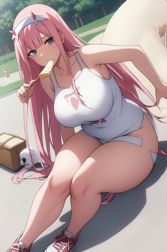 woman wide hips thick legs with long stockings wearing a jeanz shor white sneakers tight white t-shirt with low neckline in the park aeboles and dog animal up bed anime zero two pink hair eating an ice cream in the park