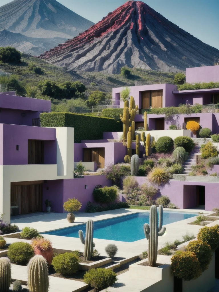 Multiple houses, brutalism style, Luis Barragán, Mountains in background, river, pool, terraces, stairs, garden terraces, trees, beautiful clouds, moon, sun, detailed, cacti, boulders, volcanic rocks, fuggy, Violet, orange, olive green, blue, magenta, amazing volcano in horizont, beautiful garden design