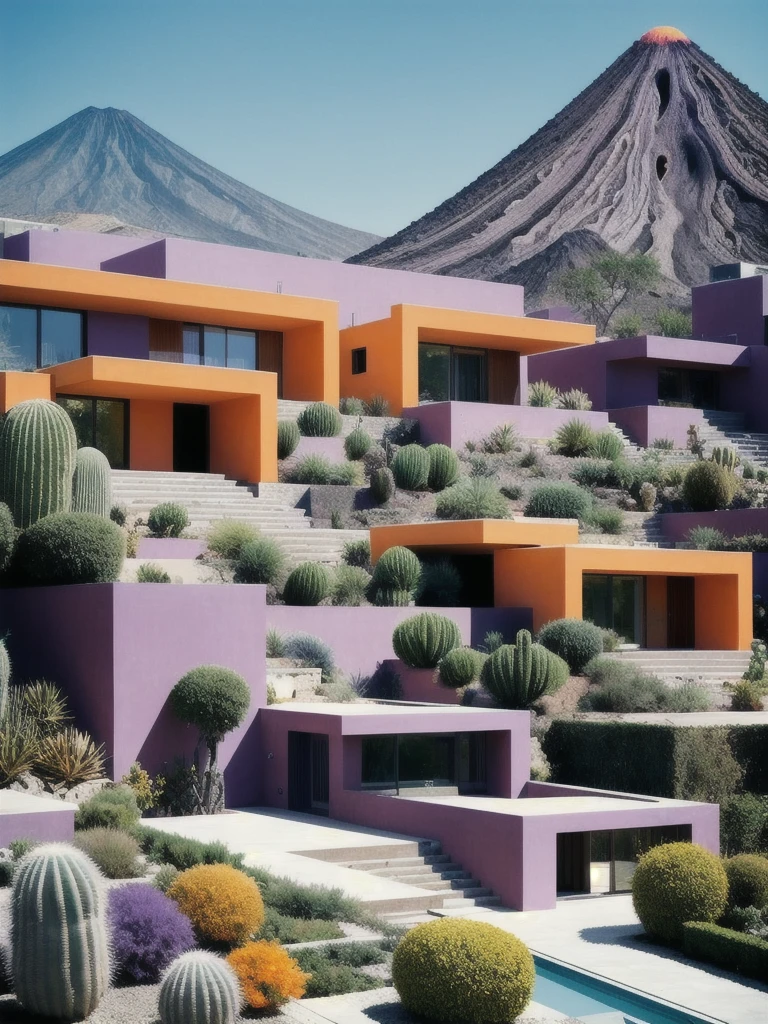Multiple houses, brutalism style, Luis Barragán, Mountains in background, river, pool, terraces, stairs, garden terraces, trees, beautiful clouds, moon, sun, detailed, cacti, boulders, volcanic rocks, fuggy, Violet, orange, olive green, blue, magenta, amazing volcano in horizont, beautiful garden design