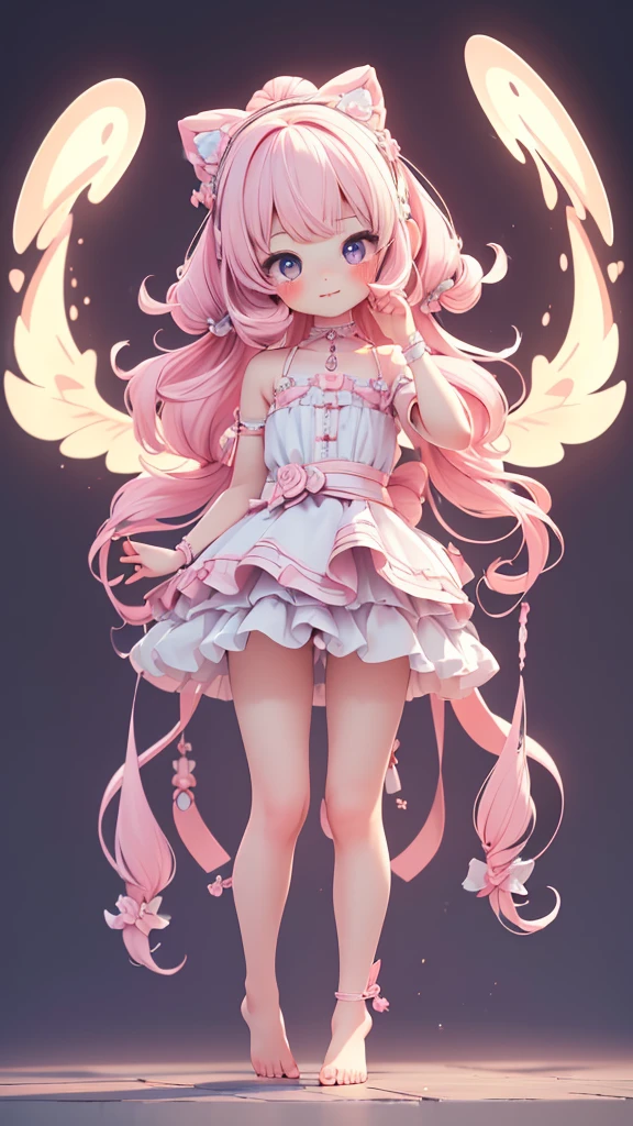 (((petite bishojo, , spirits))), ((kawaii face)), ((kawaii eyes)), ((masterpiece)), ((best quality)), ((ultra detailed)), (exquisite), (depth), (crisp), ((8k)), ((beautiful and aesthetic)), (super detailed skin), ((high standard)), ((highres)), ((perfect anatomy)), (full body), (blush), (lipstick), ((kawaii pose)), (strap slip), (barefoot)