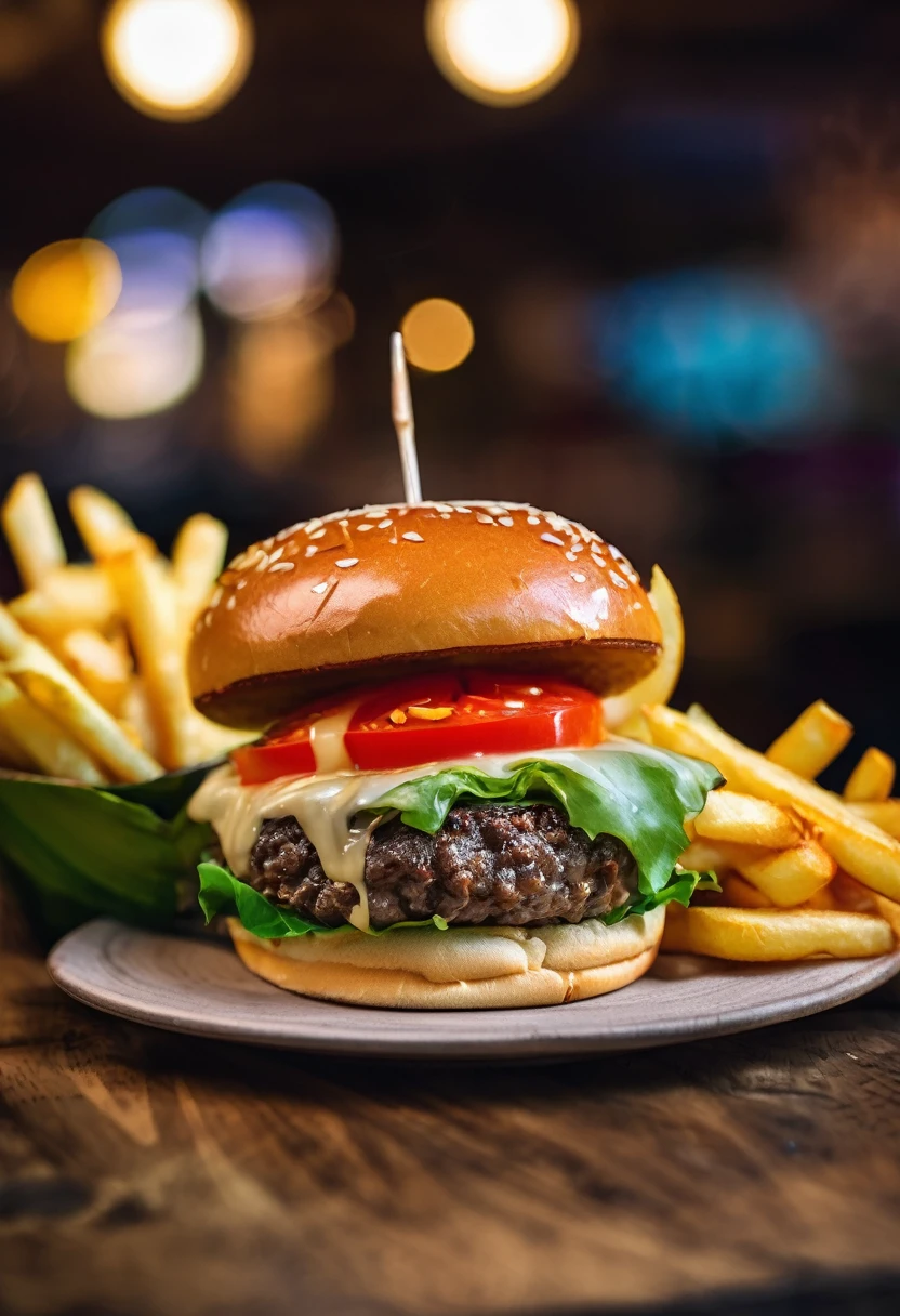 /imagine prompt: A succulent burger with melted cheese, fresh lettuce and juicy tomato, accompanied by crispy French fries, on a rustic wooden table, soft lighting that highlights the vibrant colors, photography, Canon EOS R5 camera with 50mm lens f/1.2, --ar 16:9 --v 5