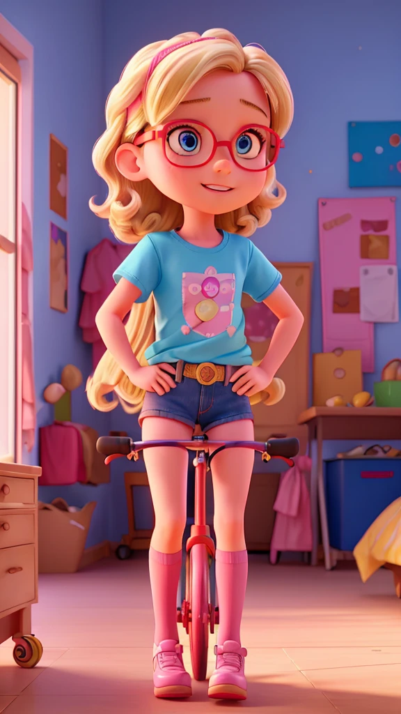 a beautiful 8 year old blonde girl with pink glasses, wearing a colorful t-shirt and denim shorts, standing on the back of a moving red bicycle, detailed face and expression, cinematic lighting, photorealistic, 8k, masterpiece, vibrant colors