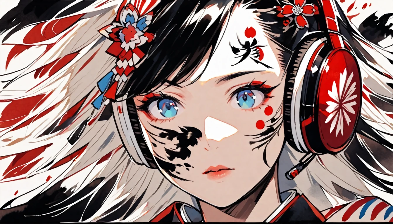 (((Ink Painting))), ((Japanese style headphones)), (((Japanese pattern tattoo on face))), face close up, Gorgeous hair accessories, Japan人の女, Fluttering Hair, Japan, Japanese flag, Japanの三味線