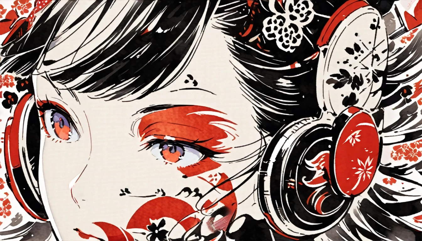 (((Ink Painting))), ((Japanese style headphones)), (((Japanese pattern tattoo on face))), face close up, Gorgeous hair accessories, Japan人の女, Fluttering Hair, Japan, Japanese flag, Japanの三味線
