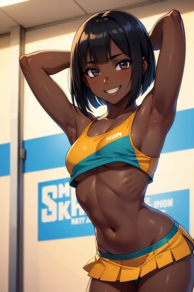 1 hot girl, very dark skin, black eyes, grin, gorgeous, african, short bob, school girl, young teen, small breasts, navel, exposing clothes, cheerleader, hand behind head, armpits, tight body