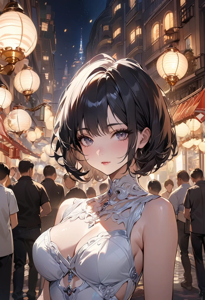 masterpiece, Highest quality, Miranda, (Half Body Shot,Street lamp,moon),masterpiece, One girl, Solo Exhibitions, Beautiful woman on a busy street, Surrounded by peddlers, Beautiful Goddess Girl Portrait, Beautiful and elaborate face, Porcelain-like skin, (((Bust Shot, center, night, Black Hair, short hair)), Very soft lighting, Symmetric, complicated, grace, Attention to detail, realism, art, concept art,