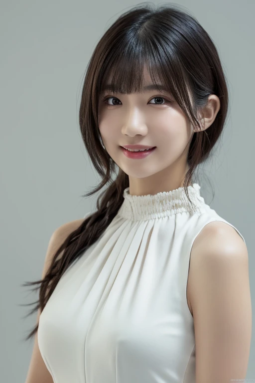 1 girl, (white sleeveless high neck:1.2), Very beautiful Japanese mature woman
(Full body photo, Highest quality), (Realistic, Realistic:1.4), (masterpiece), 
Very delicate and beautiful, Very detailed, 2k wallpaper, wonderful, finely, Very detailed CG Unity 8K 壁紙, Very detailed, High resolution, Soft Light, 
Beautiful detailed girl, Very detailed目と顔, Beautiful and detailed nose, finelyて美しい目, Cinema Lighting, 
(Simple light color background:1.3),
(Medium Hair), (Parted bangs), 
Complete Anatomy, Slender body, Small breasts, smile、Long skirt、pumps