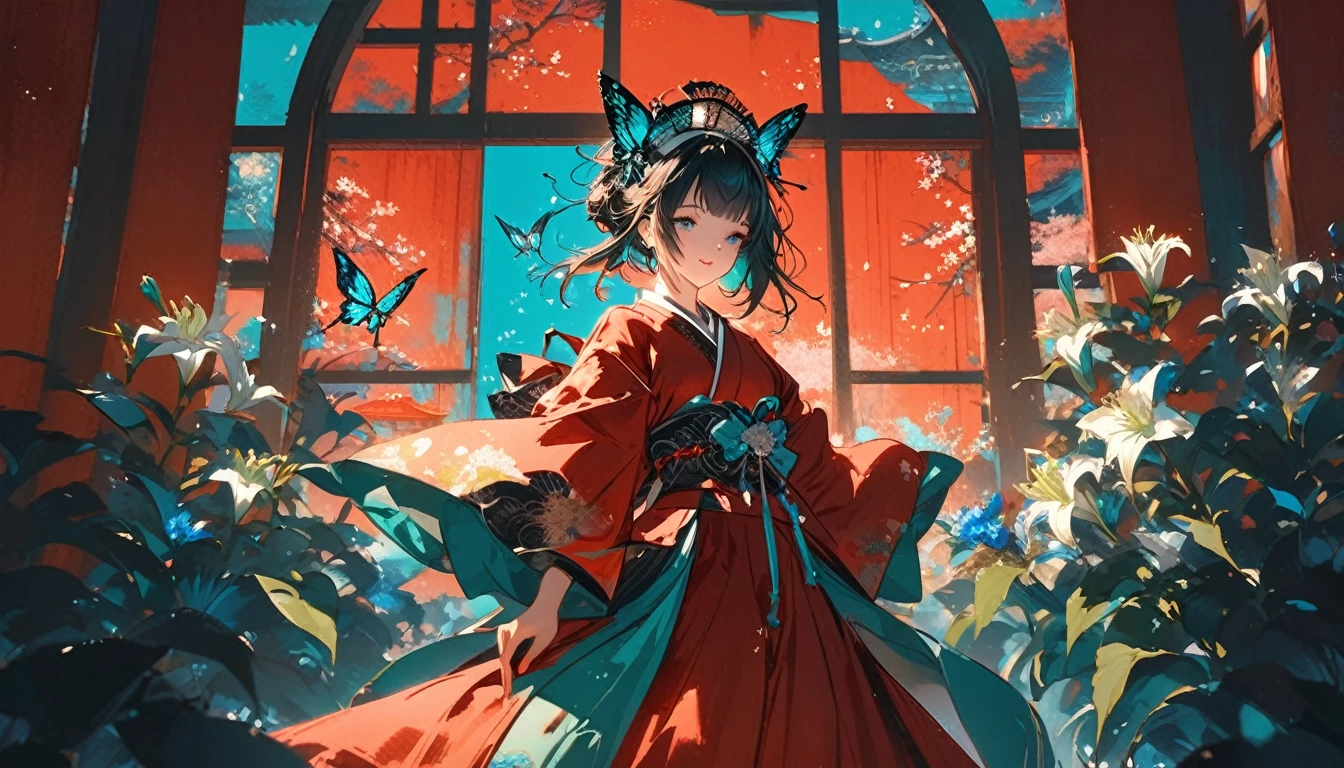 moonlight backlight,light particles,masterpiece, lily,blue flower,aqua color flower,fluttering petals,flower headdress,shining butterfly,window, a girl in a red geisha costume, very gorgeous kimono, large-scale murals, multilayered dimensions, red sky, Red Japanese architecture, anime wallpaper lovely red lantern girl, in the style of stage-like environments, japanese-style landscapes, digital art techniques